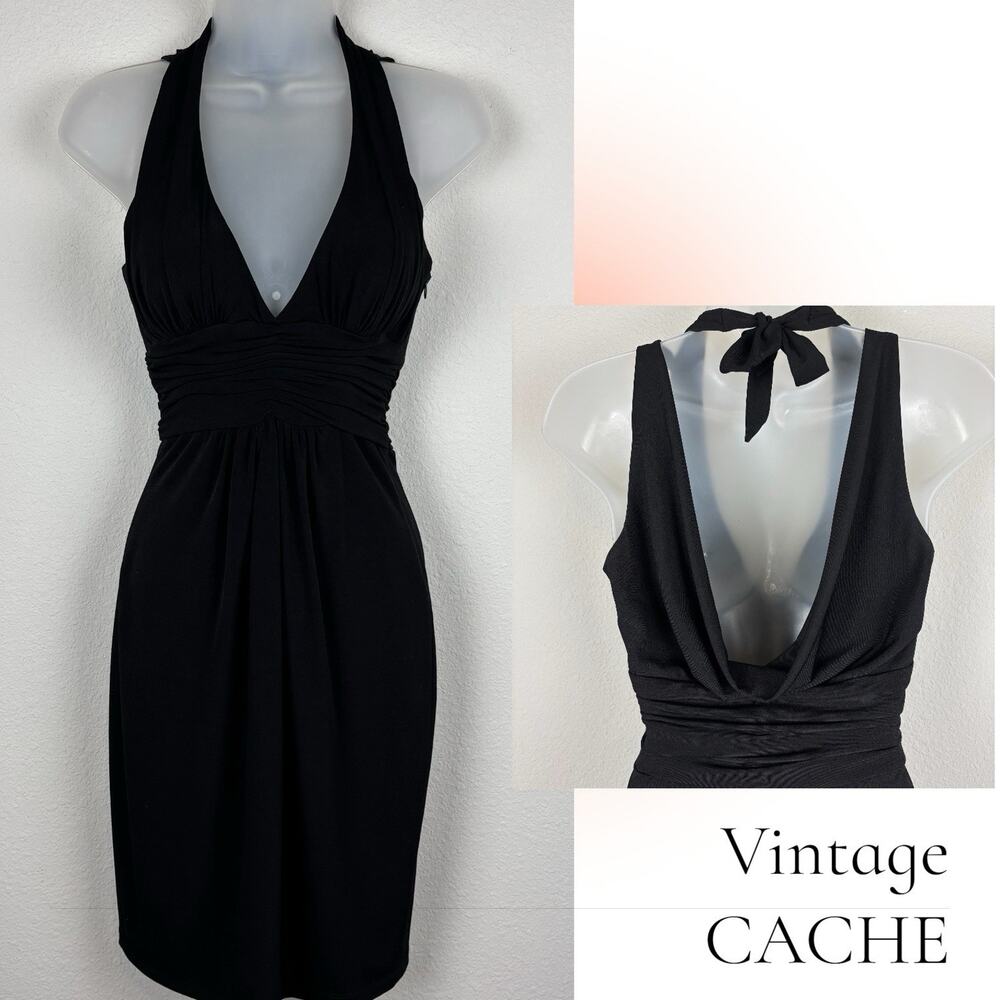 Vtg CACHE Dress 4 Cocktail Evening Sexy Halter Deep V Cowl Back Stretch USA